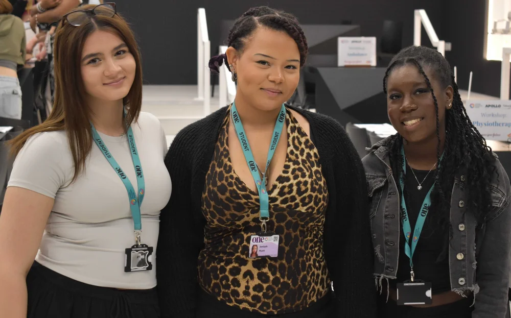 2 - Grace Chambers-Salah, Jeniyah Myatt and Carla Silva from One Sixth Form College students at the health fair that took place at University Professional Development Centre (1).jpg